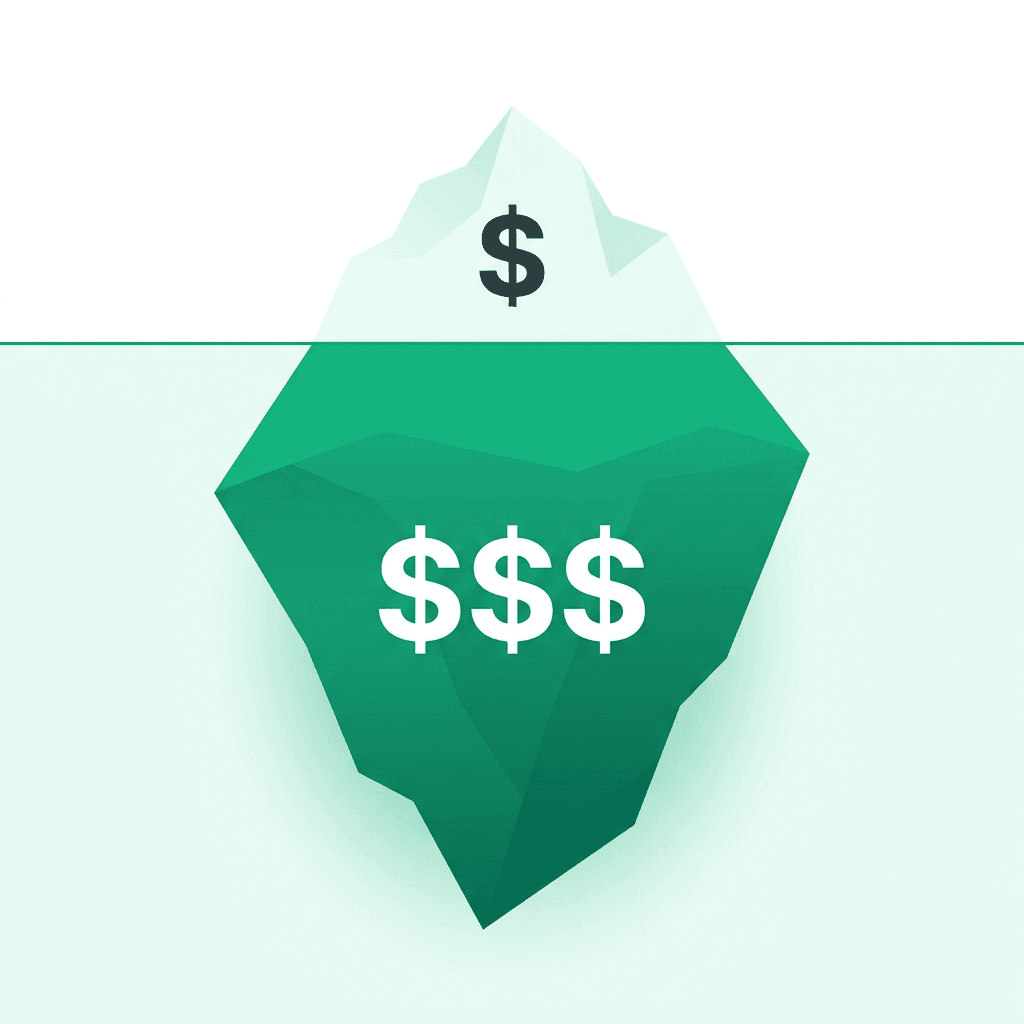 Iceberg illustration: one dollar sign on the visible tip above the waterline, three dollar signs on the larger hidden mass below